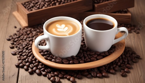 A cup of fresh coffee with coffee beans on wooden table closeup view
