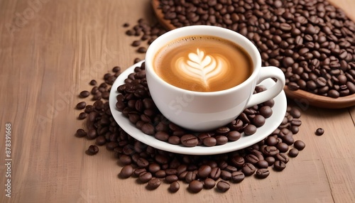 A cup of fresh coffee with coffee beans on wooden table closeup view