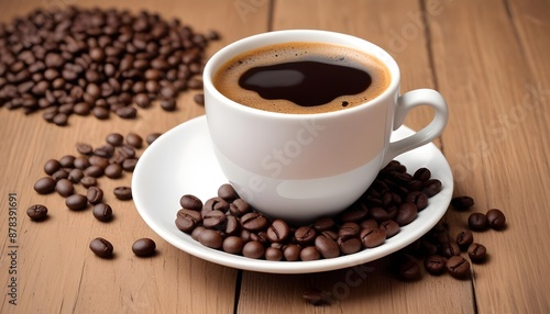 A cup of fresh coffee with coffee beans on wooden table closeup view