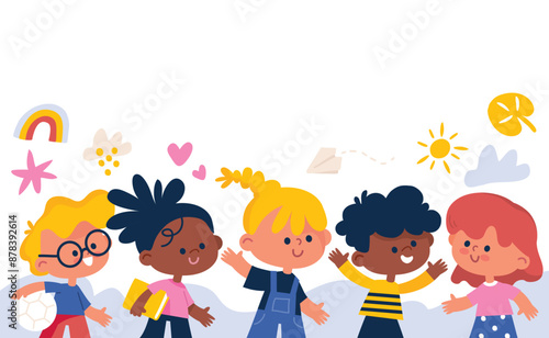Group of happy running children, school kids run with books and backpacks. Boys and girls . Happy preschooler kids. Students ready to school.