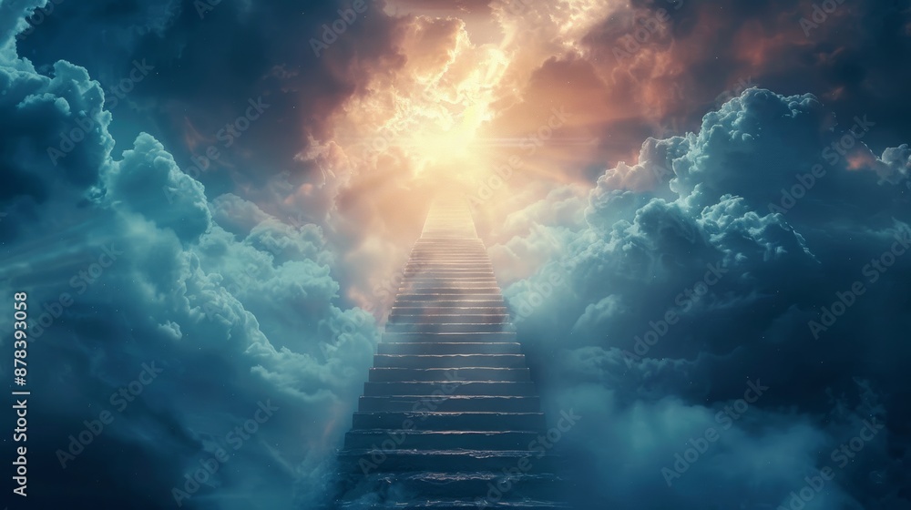 Majestic stone stairway ascending through a dramatic cloudscape towards a glowing divine light. This image inspires hope and evokes the concept of the afterlife, heaven, and spirituality Majestic stone stairway ascending through a dramatic cloudscape towards a glowing divine light. This image inspires hope and evokes the concept of the afterlife, heaven, and spirituality