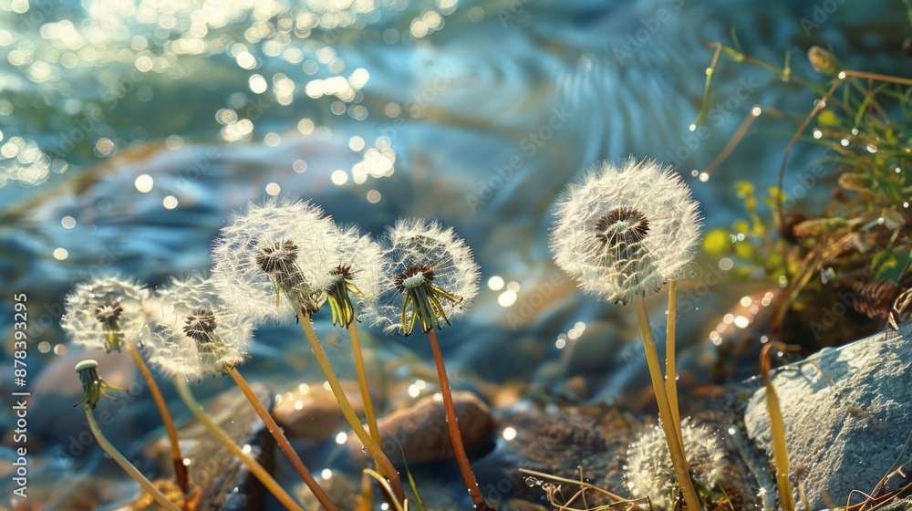 Obraz premium dandelion seeds with dew, next to the bank of a river generative ai