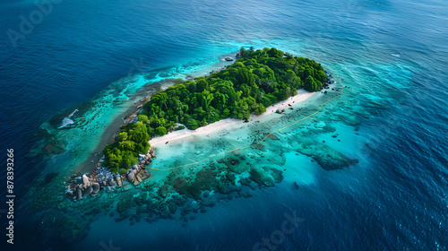 Drone view of a picturesque island with white sandy beaches, turquoise waters, and a coral reef surrounding it, making it a perfect paradise for nature lovers and vacationers