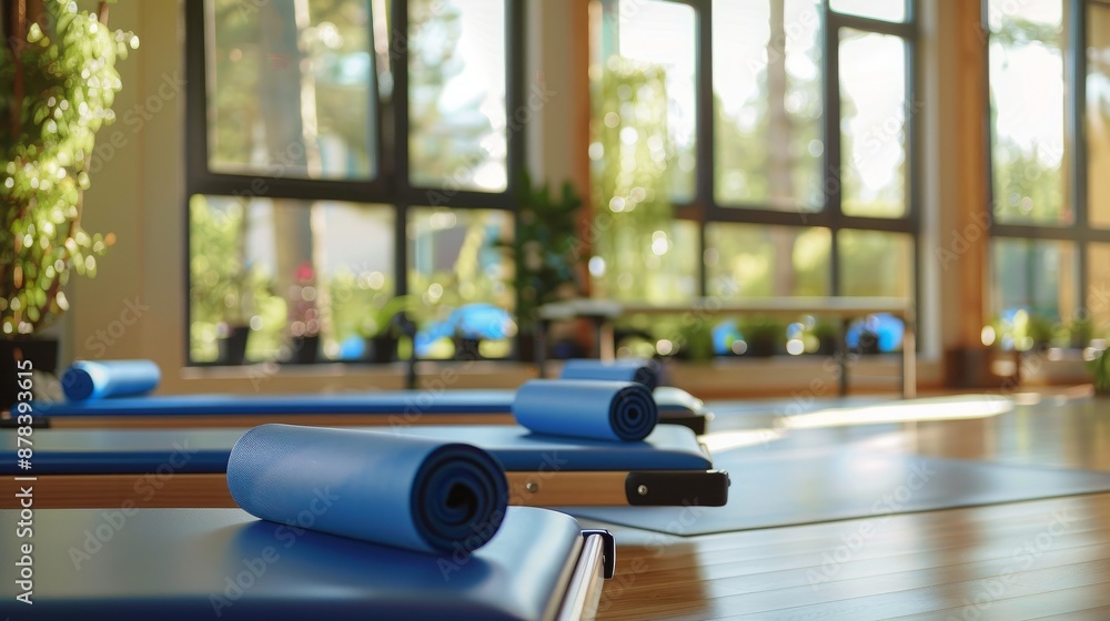 Obraz premium Blue yoga mats lay on reformer beds in a bright, airy studio. Sunlight streams through large windows.
