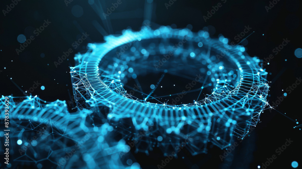 Vector wireframe illustration of a gear on a dark blue background. Mechanical technology machine engineering symbol. Project development, engine work, business plan illustration Vector wireframe illustration of a gear on a dark blue background. Mechanical technology machine engineering symbol. Project development, engine work, business plan illustration