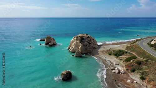 Petra tou Romiou (Aphrodite's Rock) the birthplace of Aphrodite, Paphos, Cyprus. Aerial view of Petra tou Romiou, aka Aphrodite's rock a famous tourist travel destination landmark in Paphos, Cyprus.