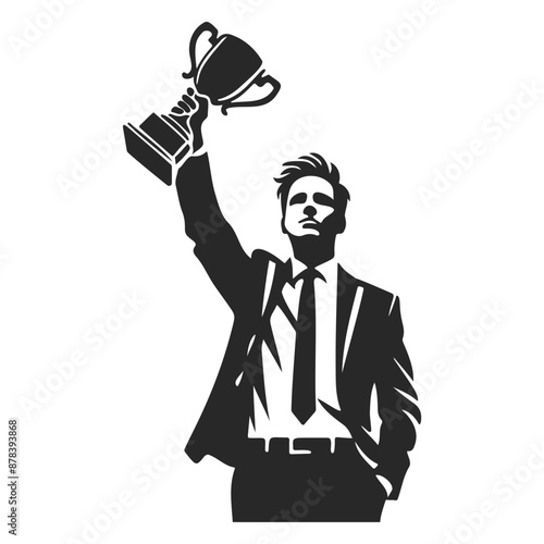 silhouette of a businessman holding up a trophy