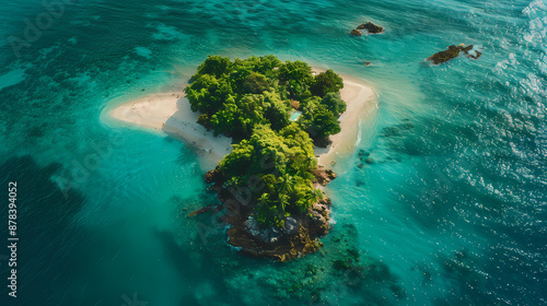 Drone view of a picturesque island with white sandy beaches, turquoise waters, and a coral reef surrounding it, making it a perfect paradise for nature lovers and vacationers © Akharadat