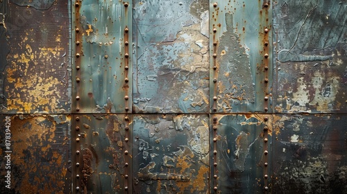 Close-up of a rusty metal surface with rivets, showing signs of age and wear. © Pornarun