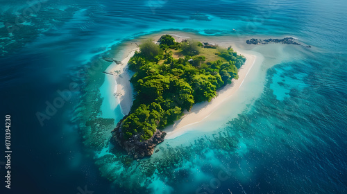 Drone view of a picturesque island with white sandy beaches, turquoise waters, and a coral reef surrounding it, making it a perfect paradise for nature lovers and vacationers