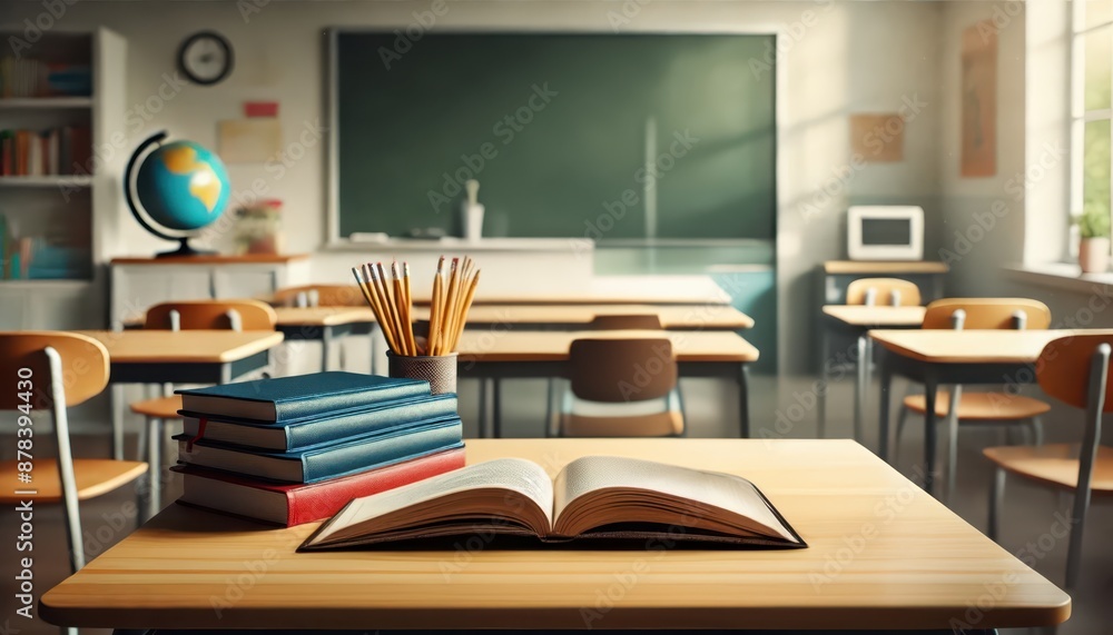 Back to school concept. Open book on a student desk in classroom Back to school concept. Open book on a student desk in classroom