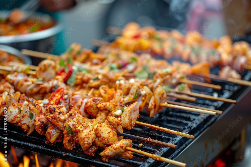 Close-up of marinated chicken skewers grilling over an open flame. Close-up of marinated chicken skewers grilling over an open flame.