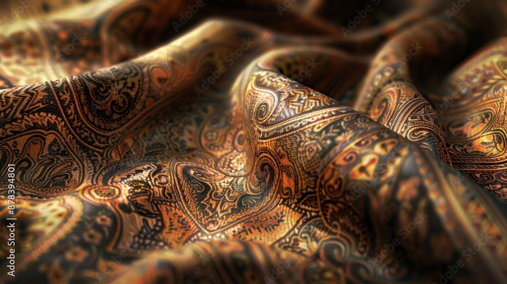 Close-up of rich, textured fabric with intricate paisley pattern in warm tones. Close-up of rich, textured fabric with intricate paisley pattern in warm tones.