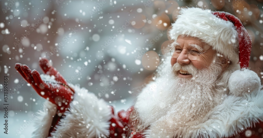 Santa Claus smiling and holding snow in a winter wonderland Santa Claus smiling and holding snow in a winter wonderland