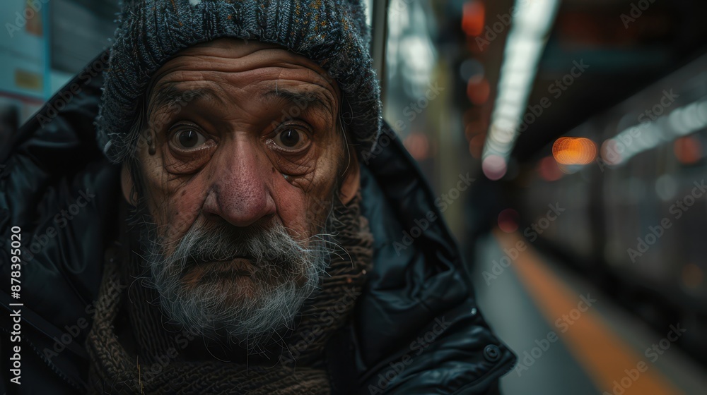 A close-up capture of a homeless individual sitting near a high-tech subway entrance, looking weary A close-up capture of a homeless individual sitting near a high-tech subway entrance, looking weary