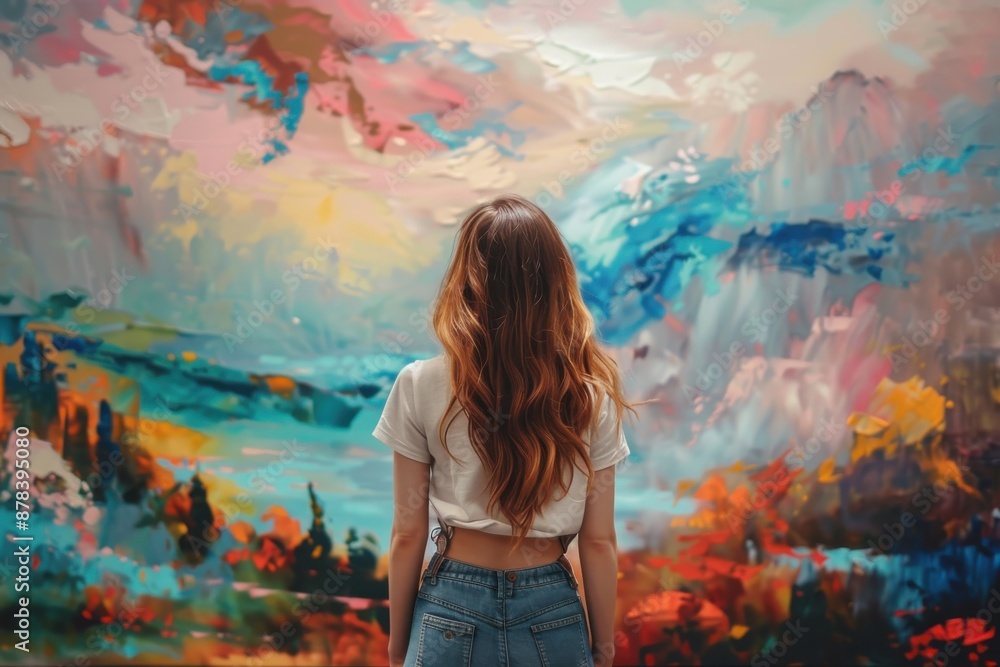 A woman stands in front of an abstract mural filled with vibrant and diverse colors, appreciating the intricate details and flowing patterns that showcase a dynamic artistic expression. A woman stands in front of an abstract mural filled with vibrant and diverse colors, appreciating the intricate details and flowing patterns that showcase a dynamic artistic expression.