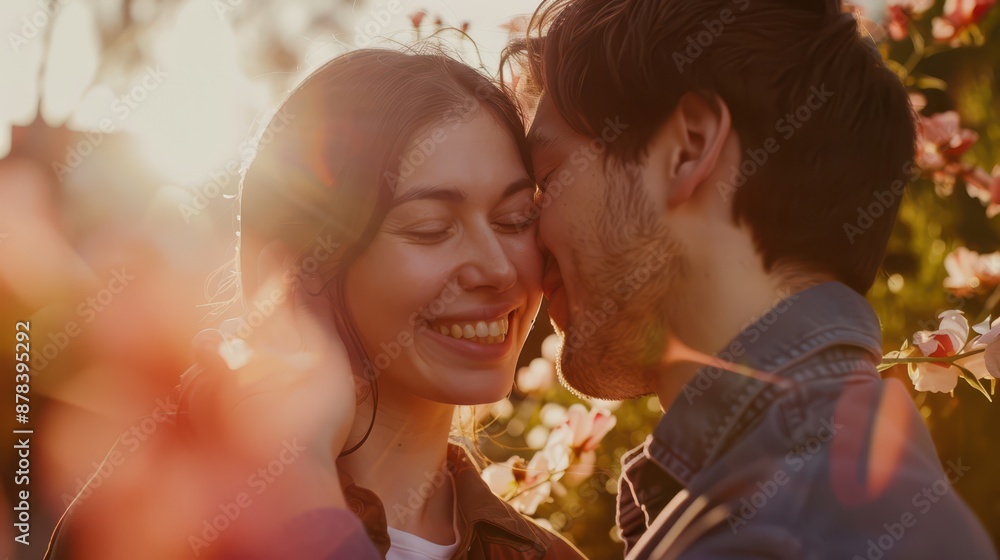 A close-up photograph of a happy couple, one kissing the other on the cheek, both smiling joyfully A close-up photograph of a happy couple, one kissing the other on the cheek, both smiling joyfully