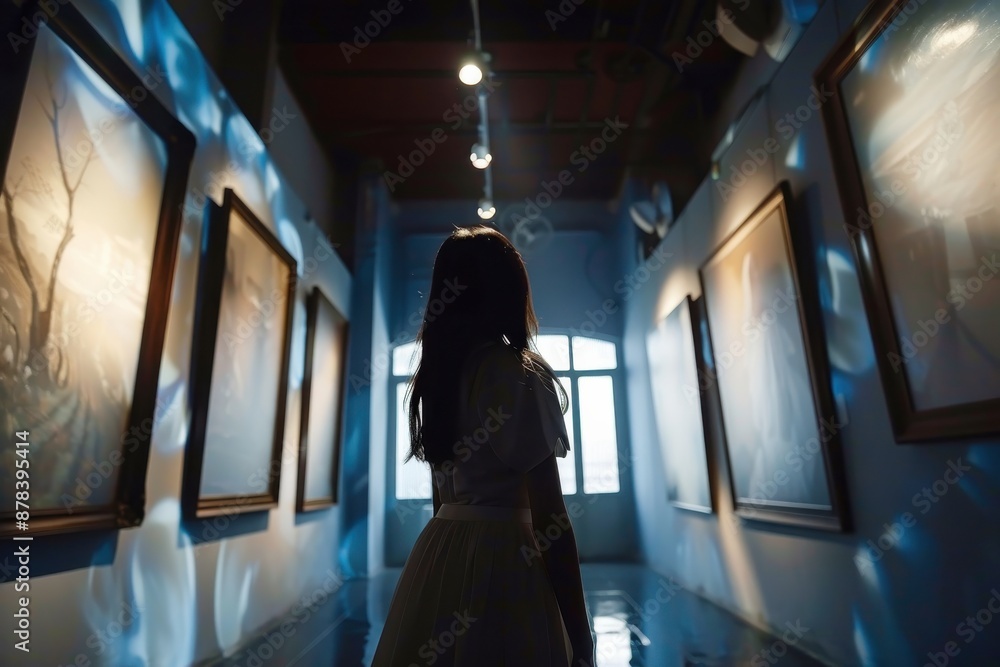 A girl stands in a softly-lit gallery hall, observing the framed paintings that adorn the walls, creating a serene and contemplative atmosphere of appreciation and admiration for art. A girl stands in a softly-lit gallery hall, observing the framed paintings that adorn the walls, creating a serene and contemplative atmosphere of appreciation and admiration for art.