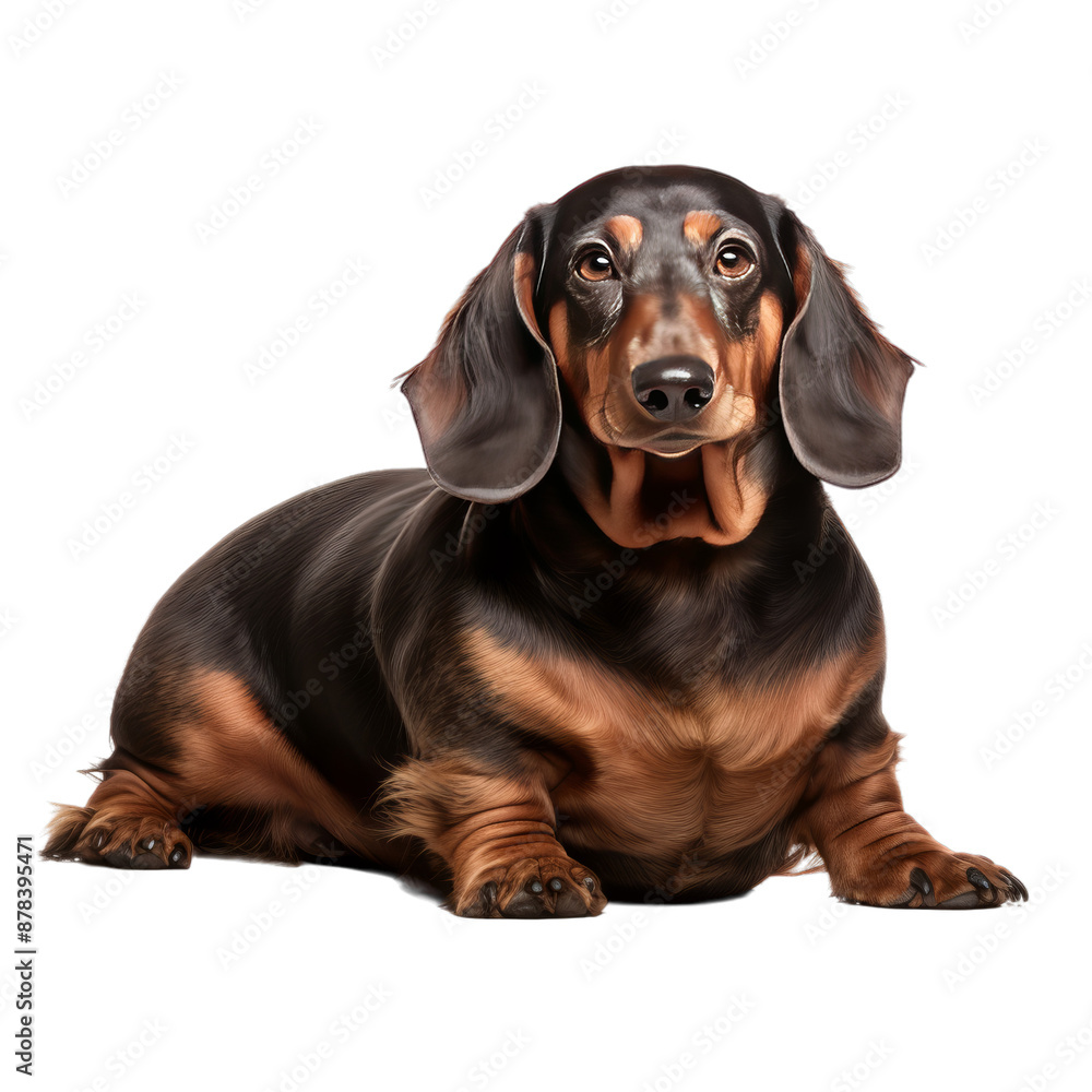 Adorable and curious overweight Dachshund dog with brown fur looking at camera while sitting on floor and isolated against white background Adorable and curious overweight Dachshund dog with brown fur looking at camera while sitting on floor and isolated against white background