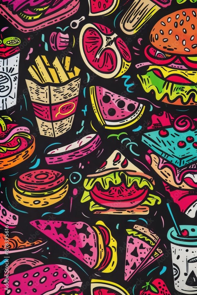 Naklejka premium Colorful doodle pattern featuring various fast food items on a black background.