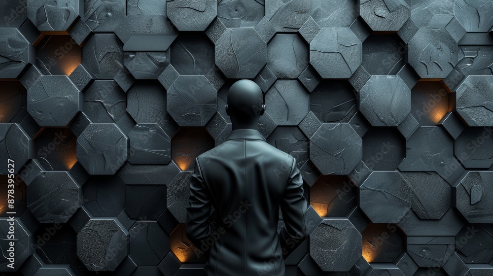Obraz premium Businessman is standing with his back turned in front of a futuristic wall made of hexagons, some of which are illuminated from within