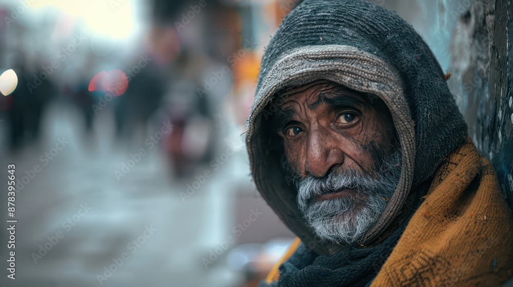 A detailed close-up of a beggar with a weary expression, sitting against a wall in a capital city A detailed close-up of a beggar with a weary expression, sitting against a wall in a capital city