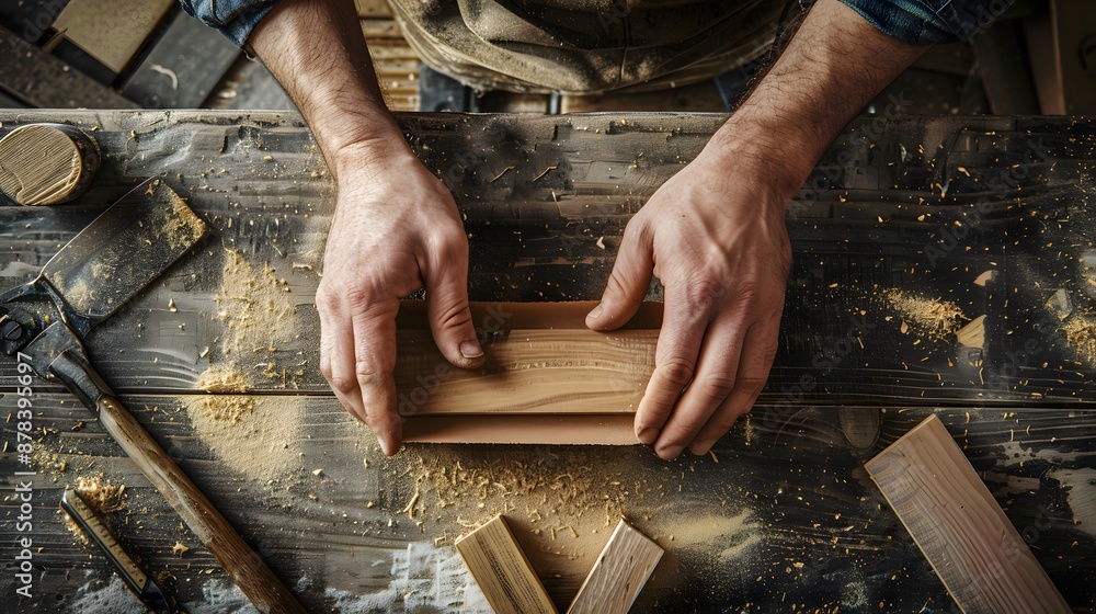 Sanding Wood: Hands using sandpaper to smooth a piece of wood, with woodworking tools and sawdust around.
Sanding Wood: Hands using sandpaper to smooth a piece of wood, with woodworking tools and sawdust around.