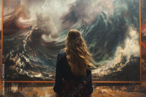 A woman is entranced by a powerful seascape painting, with swirling waves and dramatic skies, capturing the raw energy and beauty of the natural world in an art gallery. photo