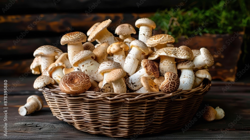 A basket brimming with freshly picked mushrooms placed on a rustic wooden table, offering a natural and earthy vibe ideal for culinary and kitchen-themed imagery. A basket brimming with freshly picked mushrooms placed on a rustic wooden table, offering a natural and earthy vibe ideal for culinary and kitchen-themed imagery.