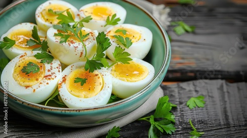A ceramic bowl filled with hard-boiled egg halves, sprinkled with fresh herbs and spices, set on a wooden surface, highlighting a wholesome and tasty dish.
