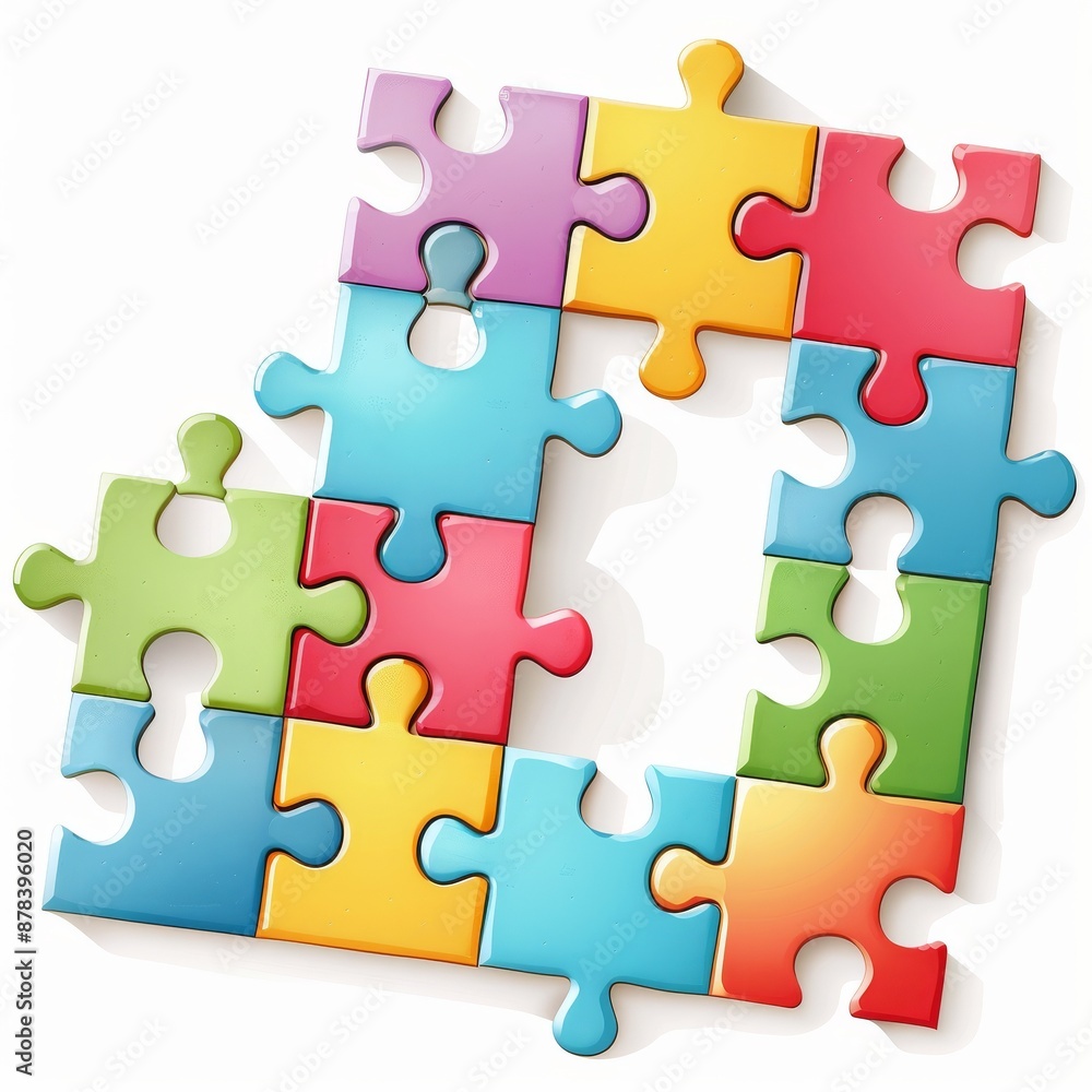 Colorful puzzle pieces arranged in a square frame with one piece missing in the center. Colorful puzzle pieces arranged in a square frame with one piece missing in the center.