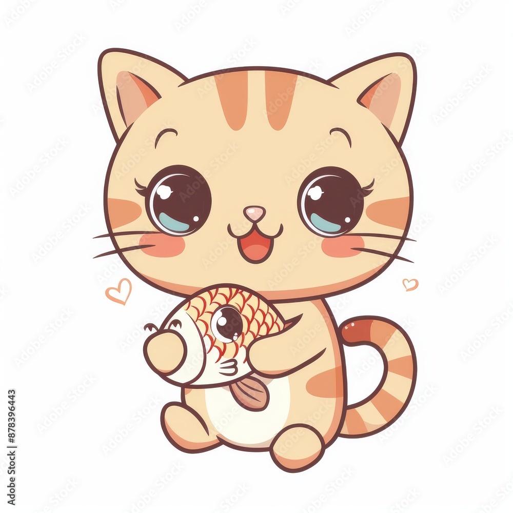 Cute cartoon cat with big eyes holding a fish. Cute cartoon cat with big eyes holding a fish.