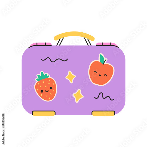 Cute lunch box for kids. School lunch box. Container for food with cute stickers. Vector illustration in flat style