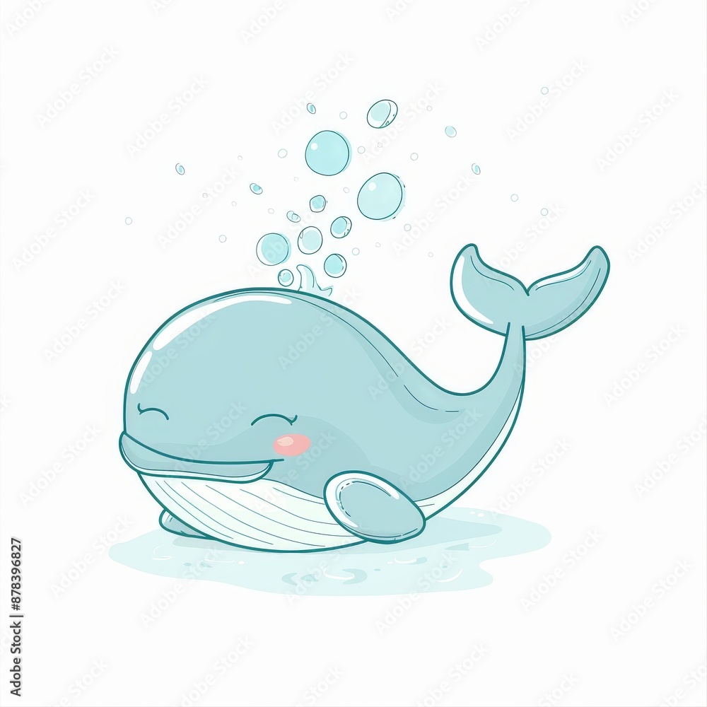 Naklejka premium Cute cartoon whale with a happy expression and bubbles. Perfect for children's books, illustrations, and designs.