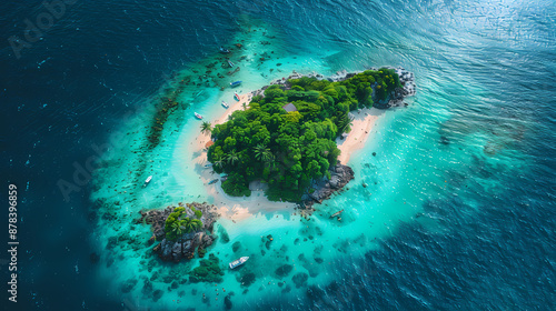 Drone view of a picturesque island with white sandy beaches, turquoise waters, and a coral reef surrounding it, making it a perfect paradise for nature lovers and vacationers