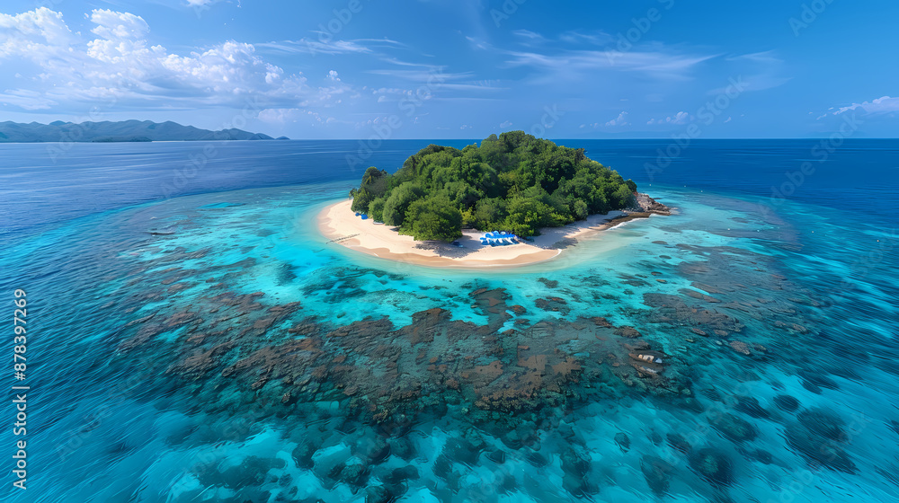 Fototapeta premium Drone view of a picturesque island with white sandy beaches, turquoise waters, and a coral reef surrounding it, making it a perfect paradise for nature lovers and vacationers