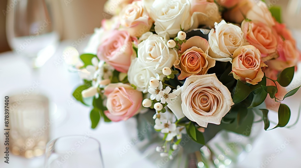 A clear glass vase showcasing a mix of elegant roses and lush greenery, capturing a stylish and fresh arrangement perfect for any interior space or event decor. A clear glass vase showcasing a mix of elegant roses and lush greenery, capturing a stylish and fresh arrangement perfect for any interior space or event decor.