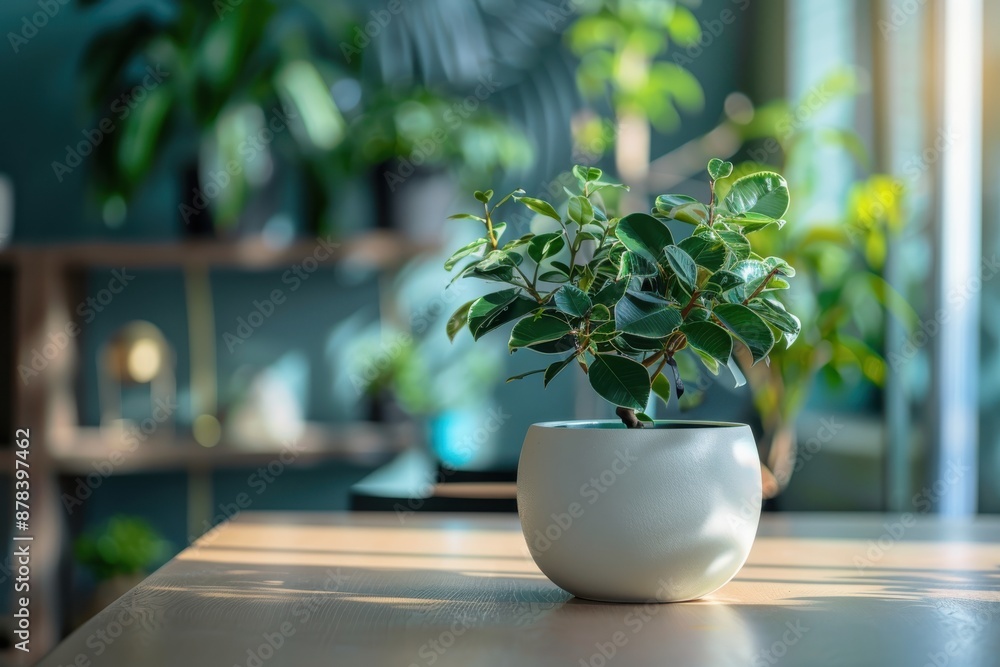 A small lush green plant in a round white pot, situated on a wooden table with a softly lit background, epitomizing modern simplicity and natural beauty in interior decor.