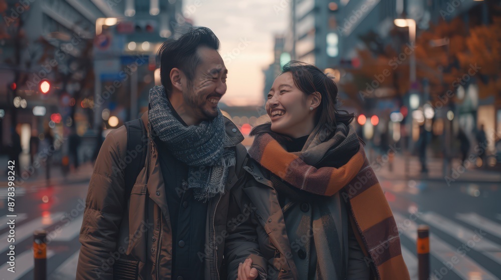 An artistic close-up shot of a couple walking hand in hand, wide smiles, eyes closed An artistic close-up shot of a couple walking hand in hand, wide smiles, eyes closed