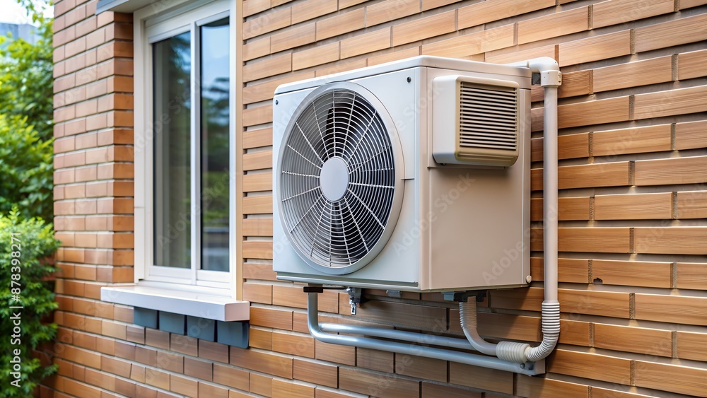 External Air Conditioner Unit on House Wall. Perfect for: Home Appliances, HVAC Systems, Building Exteriors External Air Conditioner Unit on House Wall. Perfect for: Home Appliances, HVAC Systems, Building Exteriors