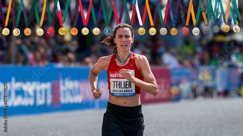 A female runner in a red top is nearing the finish line of a race, with medals hanging overhead and a crowd of spectators in the background, capturing a moment of athletic determination and achievemen photo