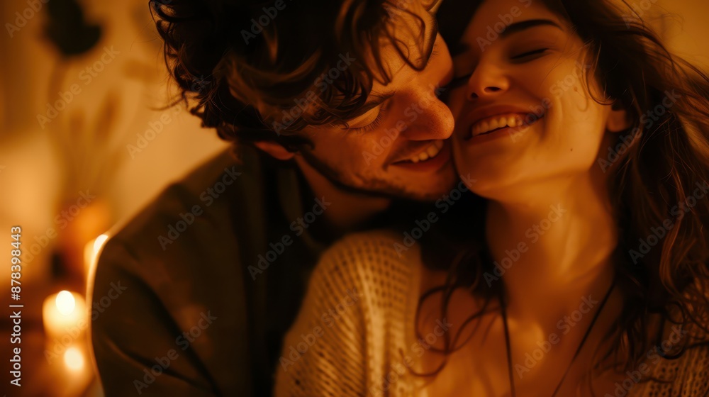 An artistic close-up shot of a couple sharing a tender kiss, wide smiles, eyes closed An artistic close-up shot of a couple sharing a tender kiss, wide smiles, eyes closed