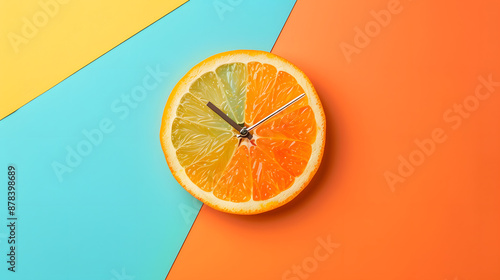 A slice of orange as a clock, minimalist, asymmetrical, vibrant colorful background. 