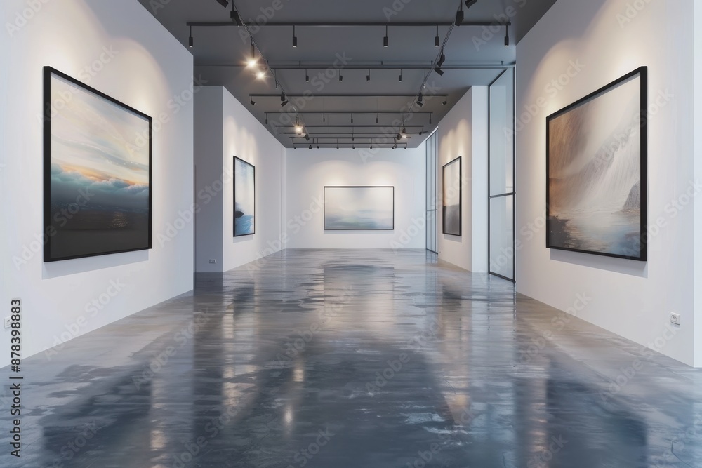 A contemporary art gallery with serene landscape artworks on white walls, featuring reflective flooring, modern lighting, and a spacious, minimalist design fostering calm ambiance. A contemporary art gallery with serene landscape artworks on white walls, featuring reflective flooring, modern lighting, and a spacious, minimalist design fostering calm ambiance.