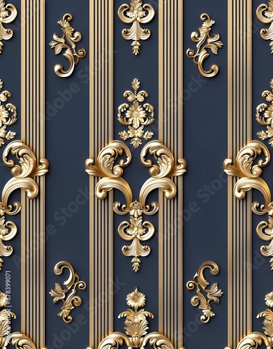 3d seamless pattern, vertical stripes with golden baroque ornament on blue background, elegant luxurious wallpaper design for wall