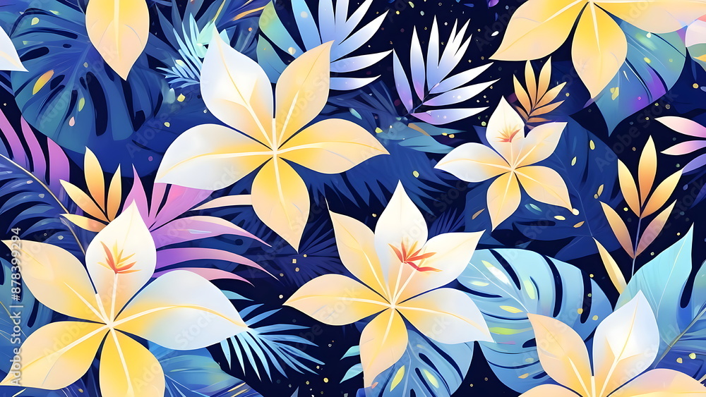 Seamless tropical pattern with colorful flowers and leaves on a dark blue background. Seamless tropical pattern with colorful flowers and leaves on a dark blue background.