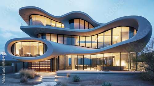 Modern futuristic house with unique curvilinear architecture illuminated at twilight