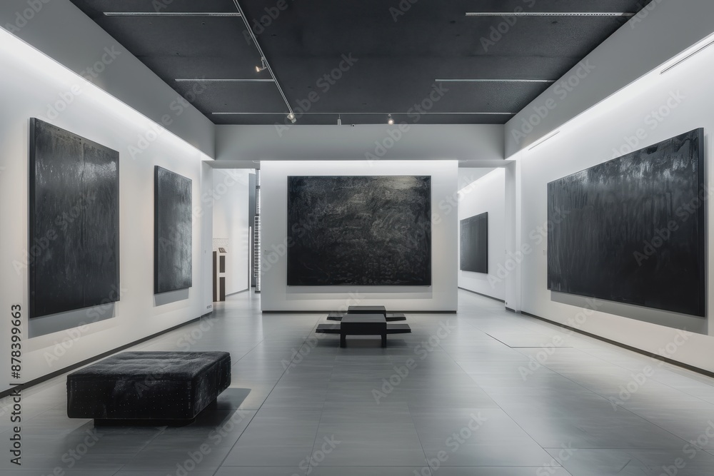 A sleek, modern gallery with a focus on large, monochromatic black art pieces, displayed against a pristine white backdrop, creating a dramatic contrast and minimalistic elegance. A sleek, modern gallery with a focus on large, monochromatic black art pieces, displayed against a pristine white backdrop, creating a dramatic contrast and minimalistic elegance.