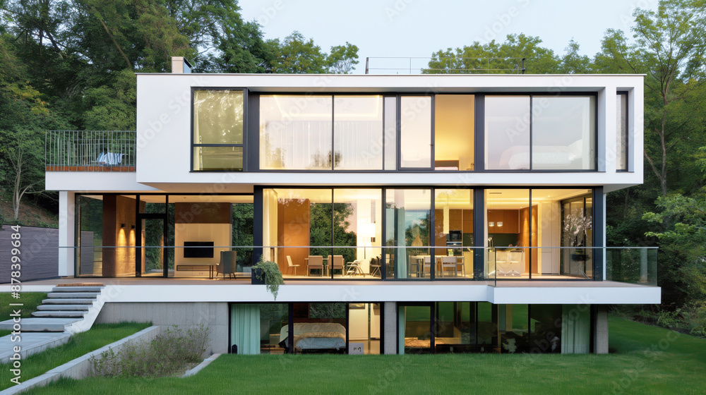Modern luxury house at dusk with illuminated interiors and lush green surroundings Modern luxury house at dusk with illuminated interiors and lush green surroundings