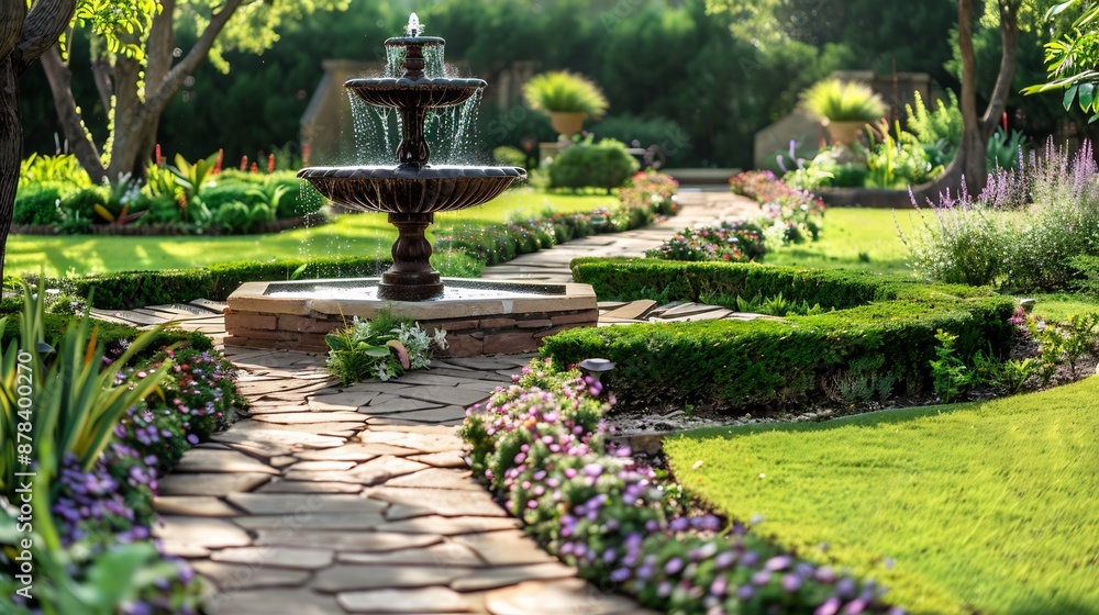 Stone Pathway Leading to a Fountain in a Lush Garden Stone Pathway Leading to a Fountain in a Lush Garden